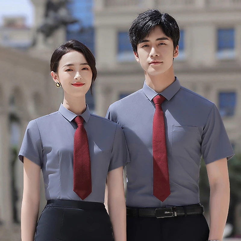 男女同款衬衫弹力定制绣logo短袖竹纤维衬衣女夏季工装套裤工作服