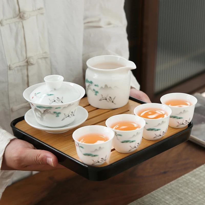 旅行茶具套装便携式四杯白瓷快客杯户外简约陶瓷功夫带盖整套家用