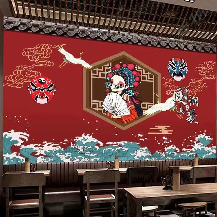 国潮主题饭店装修壁画烧烤店火锅店餐饮小吃店装修设计定制尺寸