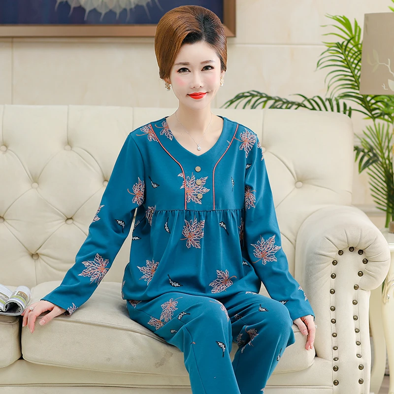 中老年睡衣女士妈妈款纯棉长袖两件套老人婆婆春秋季加大码家居服
