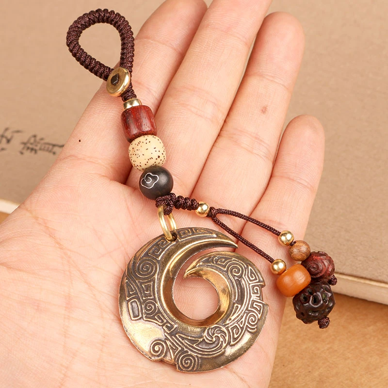 复古黄铜钥匙扣纯铜时来运转创意汽车钥匙链包包挂件小吊坠男