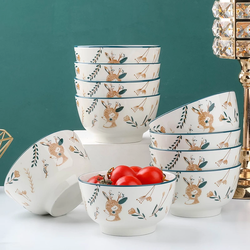 10个装米饭碗小鹿4.5英寸陶瓷吃饭碗小汤碗釉下彩家用碗