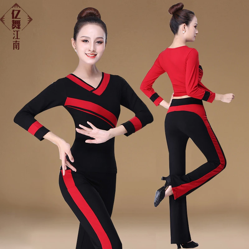 广场舞长袖套装加厚春秋莫代尔拼色大码中老年舞蹈瑜伽练功服微喇