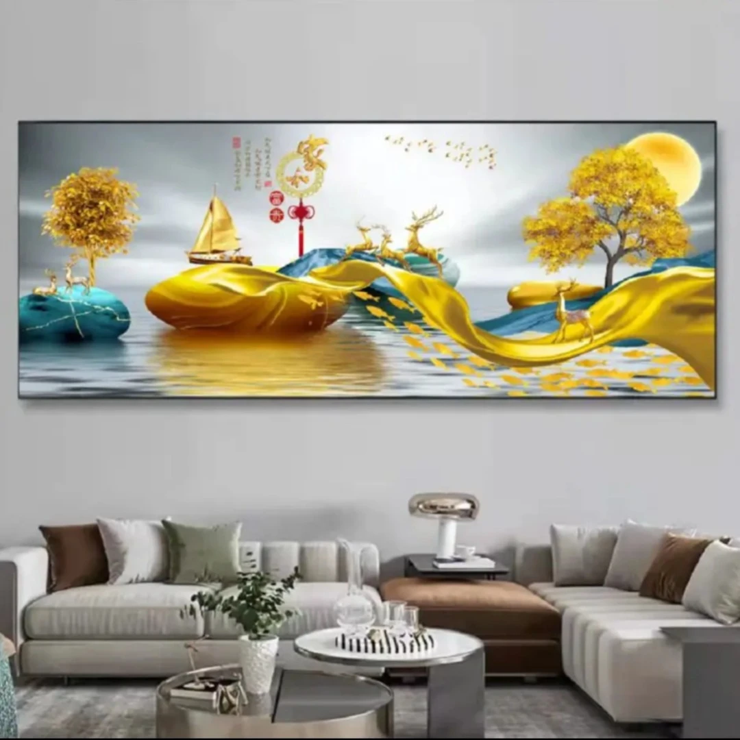 客厅横版装饰画【家和富贵】晶瓷镶钻真晶瓷装饰画