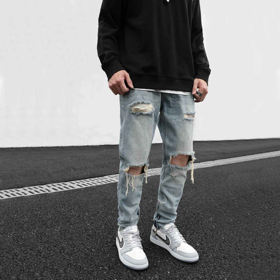 【秦霄贤同款】CLIMAX VISION脚口拉链水洗做旧破洞牛仔裤乞丐裤