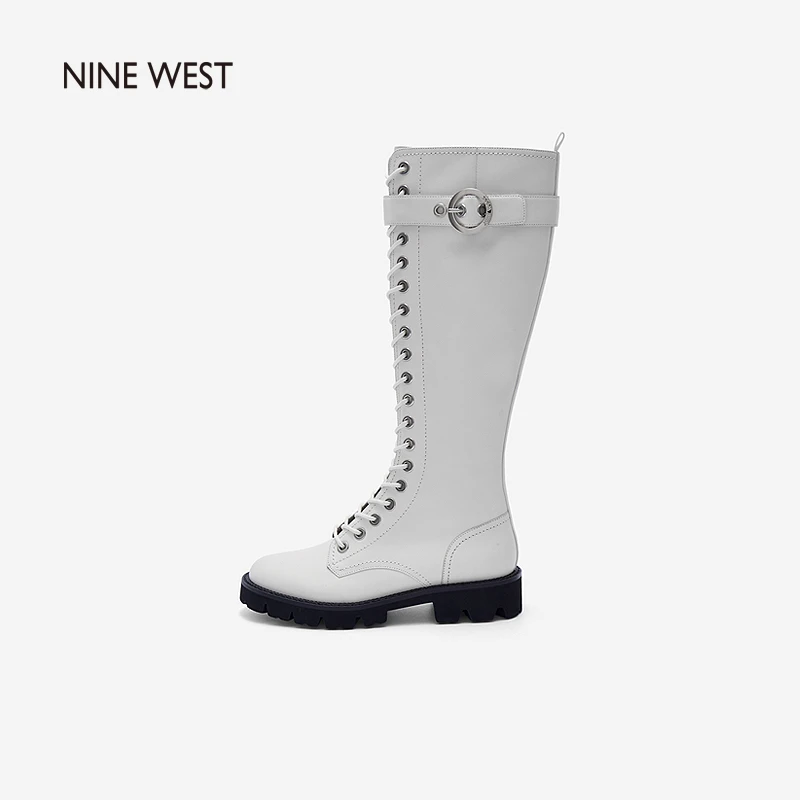 Nine West/玖熙马丁靴女过膝长靴冬季系带孔平底长筒靴NG105035CC
