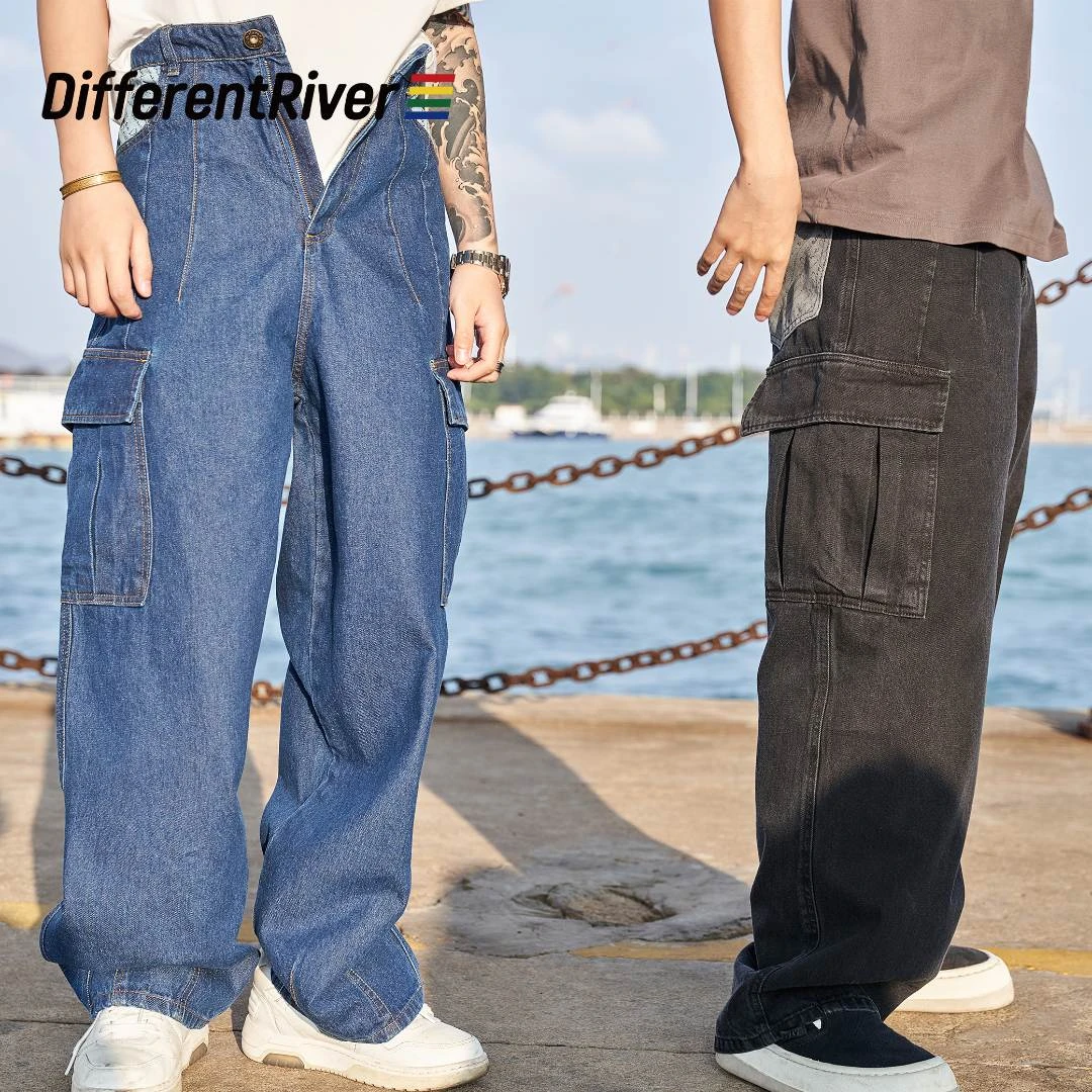 DifferentRiver秋冬 设计款-印花工装风休闲高腰宽松时尚牛仔裤