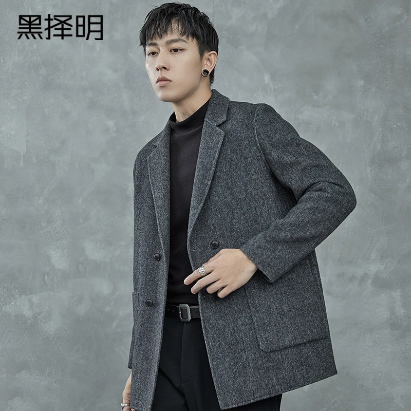黑择明男士双面呢西装大衣宽松毛呢外套潮流呢子上衣YG66065XZ