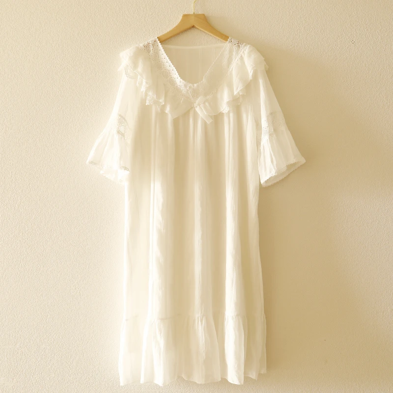 [公主风睡裙8009] 女夏短袖白色 纯欲风 宽松中裙 甜美家居服睡衣