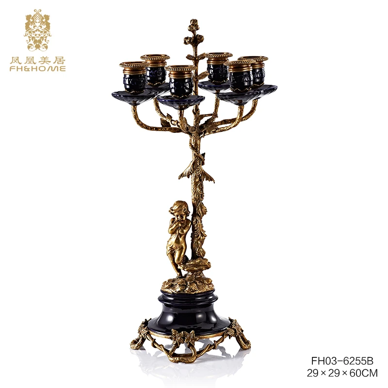 FH&HOME/凤凰美居欧式深蓝色铜底座烛台高端家居装饰摆件