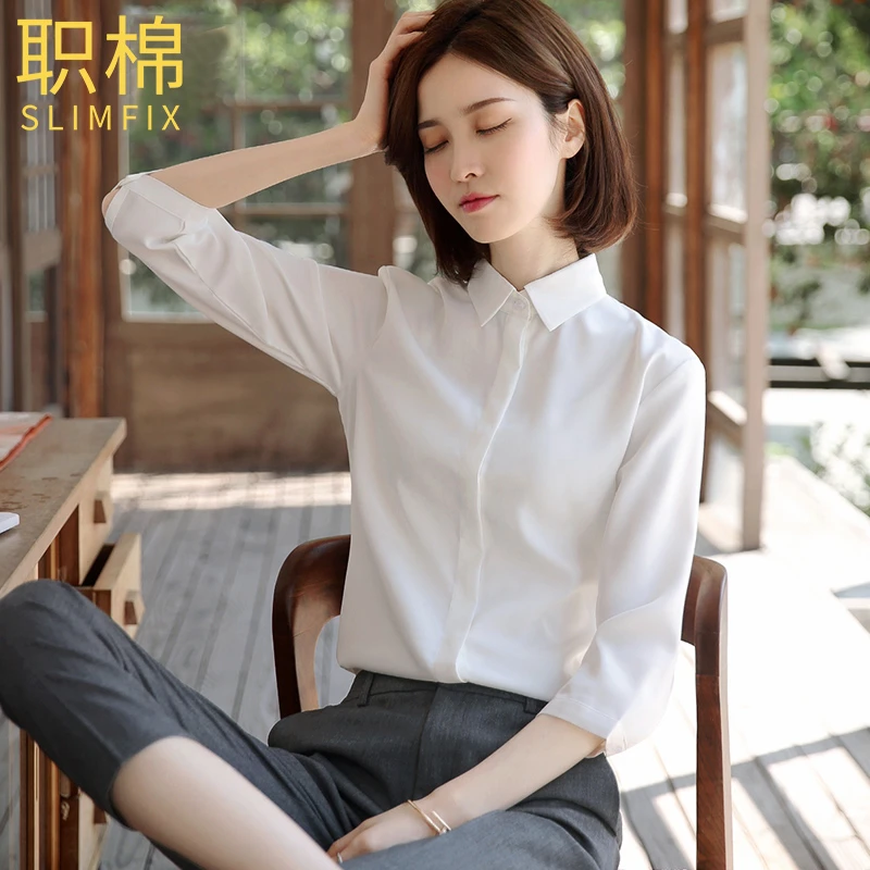 职棉方领七分袖雪纺白衬衫女职业正装面试工装工作服工装衬衣宽松