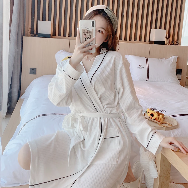 睡袍女春秋季长袖中长款韩版甜美休闲宽松2024新款白色系带浴袍