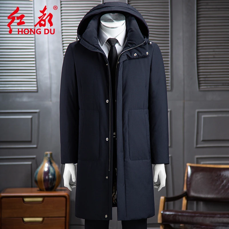 R709BW899红都冬季厚款羽绒服羊毛鹅绒填充中长款连帽保暖防寒服