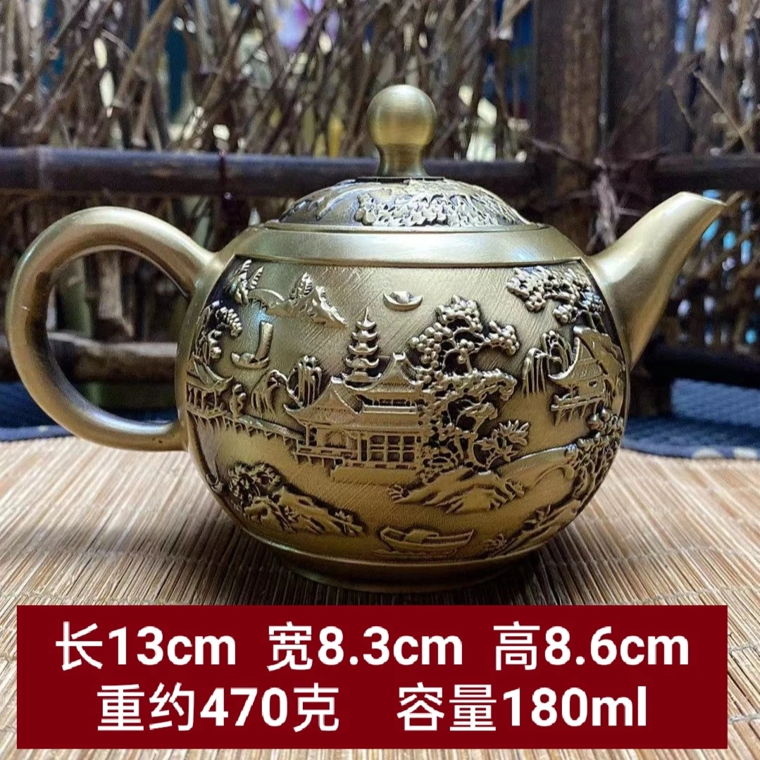 铜帮主全黄铜茶壶雕刻功夫茶茶壶水壶手把壶摆件工艺品