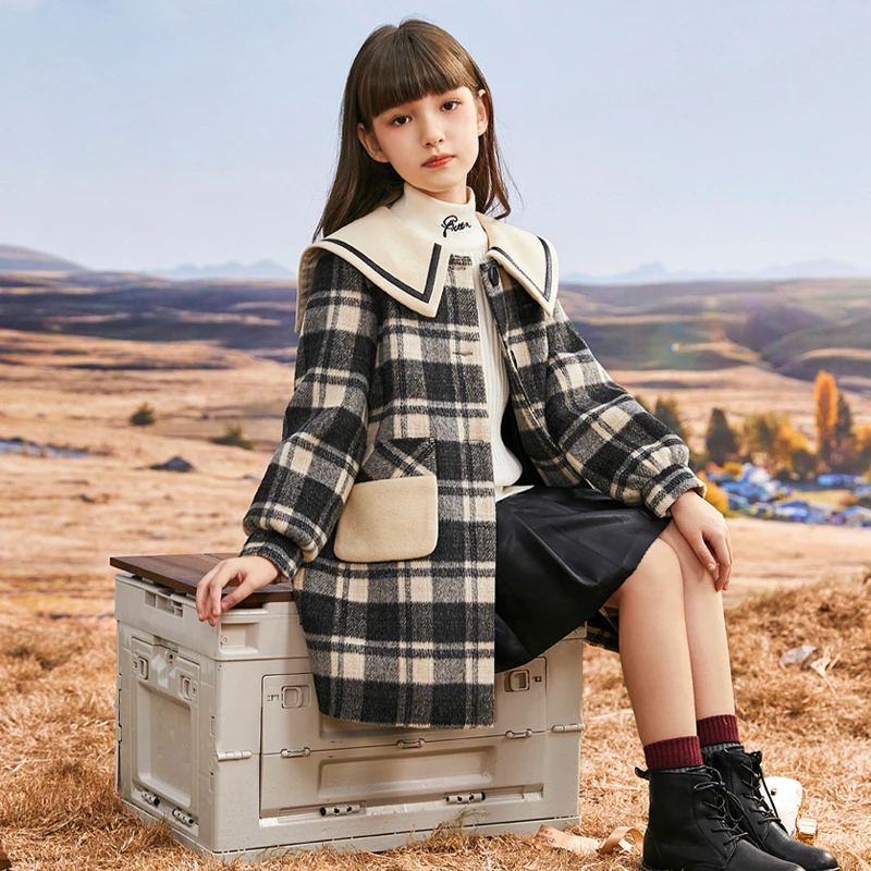 4921女童呢子大衣经典黑白格搭配儿童秋冬夹棉加厚洋气毛呢外套