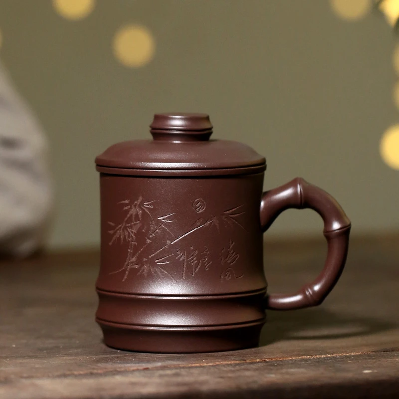 宜兴正品原矿紫砂盖杯老紫泥办公杯水杯带内胆茶漏