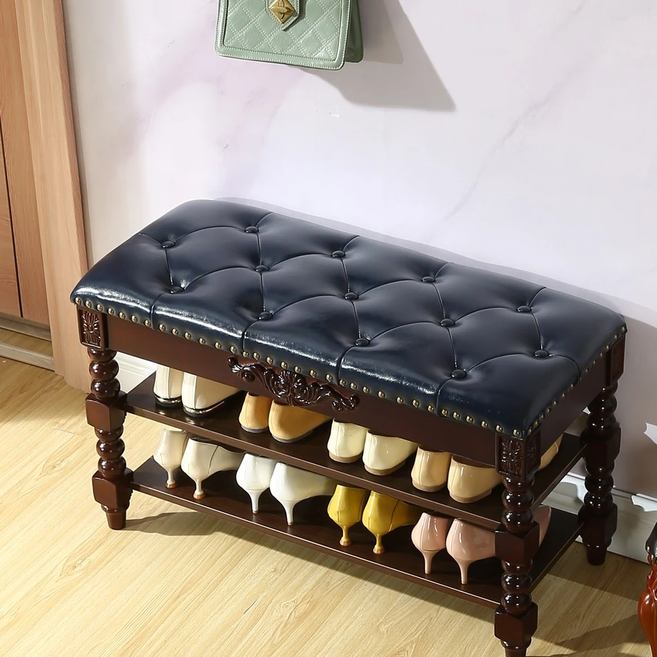 轻奢换鞋高档入户门口实木鞋柜进门可坐鞋架美式收纳门口穿鞋凳