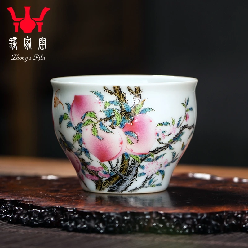 钟家窑品茗杯 景德镇高档手绘珐琅彩茶杯陶瓷寿桃个人单杯主人杯