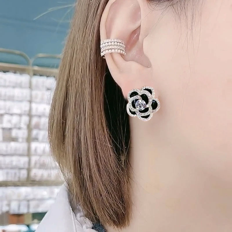 黑色玫瑰花气质耳钉耳环火爆款高级感耳饰