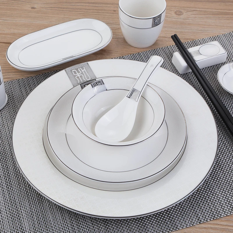 酒店摆台碗碟杯勺三件套吃饭陶瓷餐具四件套盘筷字五件套套装中式