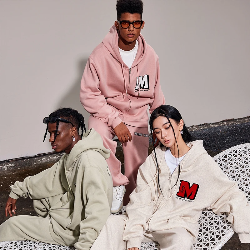 MEDM国潮连帽加绒卫衣男春秋宽松休闲外套嘻哈街头简约开衫上衣