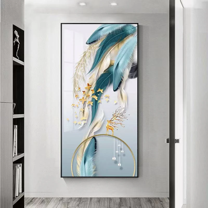 【轻奢灵羽】入户玄关装饰画走廊晶瓷装饰画抽象装饰画灯光画装饰