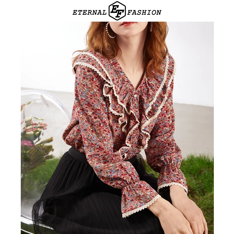 EF碎花双层荷叶领衬衫春夏新款小众设计感洋气上衣D1020313032