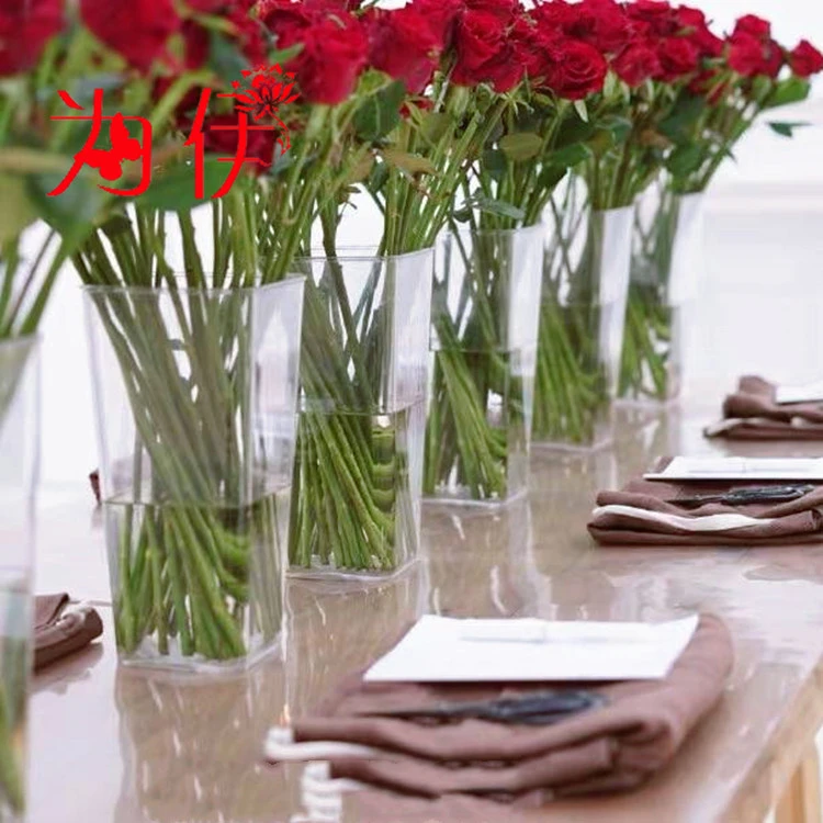 加厚塑料透明养花桶方口花瓶水晶鲜花筒储水插花家居装饰花器摆件