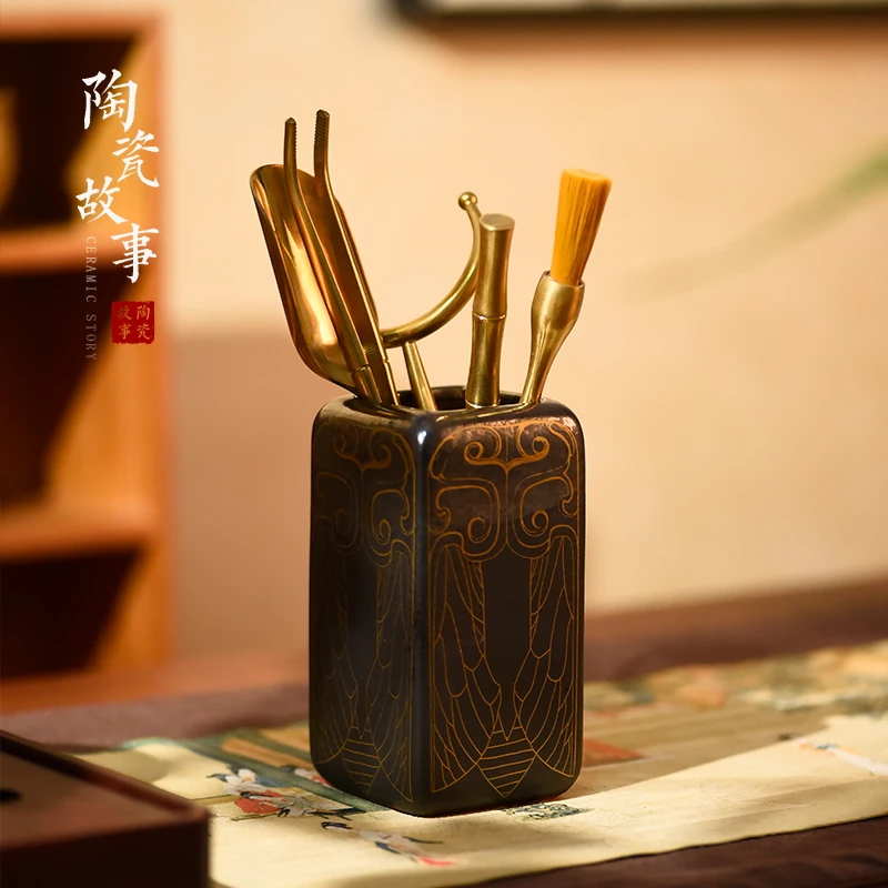 陶瓷故事茶道六君子茶刀茶针功夫轻奢黑檀木纯铜茶具配件日式