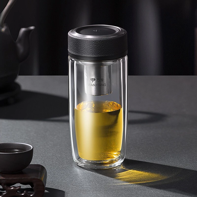 万象高档玻璃杯商务办公车载泡茶水杯便携带盖耐热过滤单双层弧形