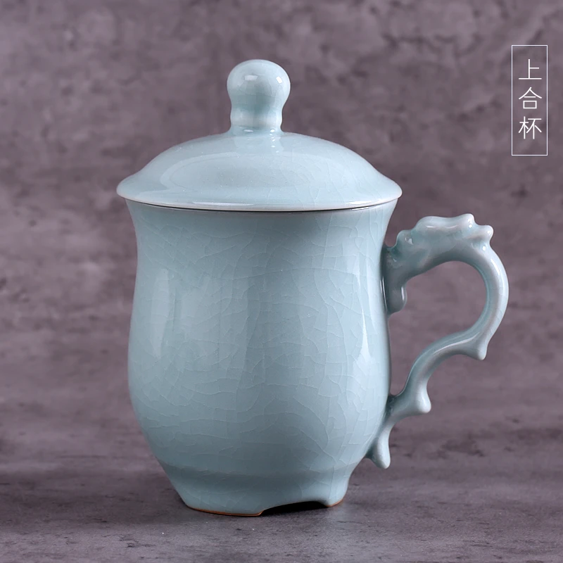 汝誉天下汝窑茶具水杯办公杯龙头杯带盖天青色刻字陶瓷大容量