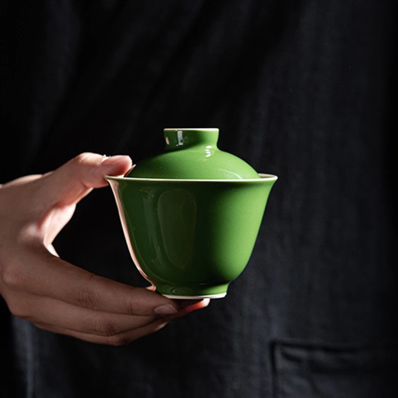 祖母绿仿古盖碗 功夫茶具陶瓷岩茶泡茶碗 绿色防烫手抓碗