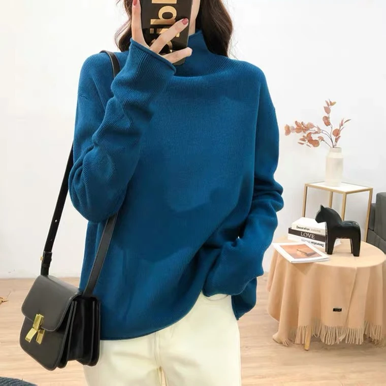 万九儿秋冬款百搭纯色宽松半高领长袖套头针织衫女装上衣毛衣6055