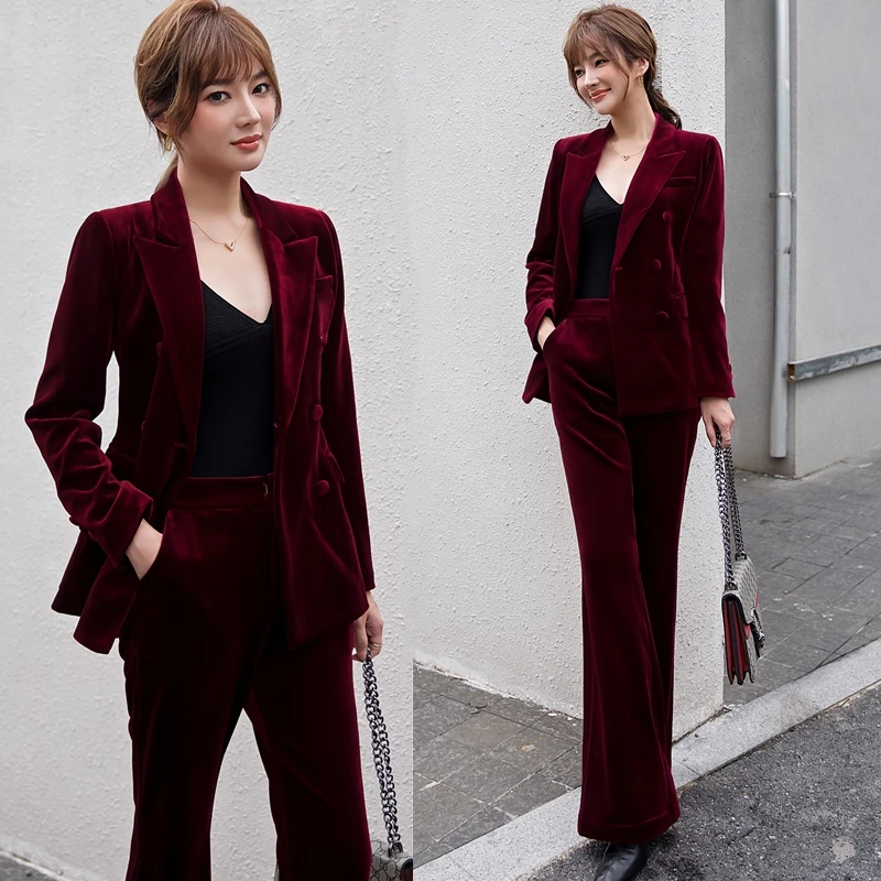 漫凌9077酒红色金丝绒加厚西服女气质时尚秋冬西装修身春秋设计