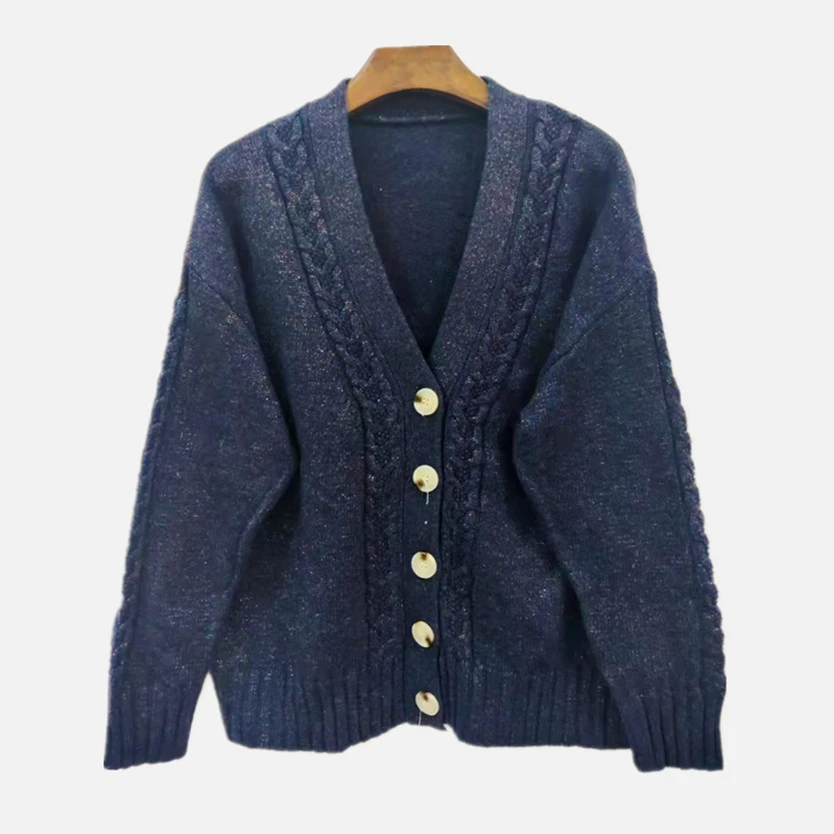 新款时尚气质V领扭花彩丝宽松显瘦针织上衣开衫