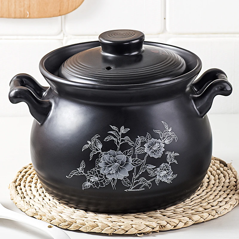 康舒经典汤锅明火专用砂锅耐高温大容量黑牡丹3.5L、4.5L