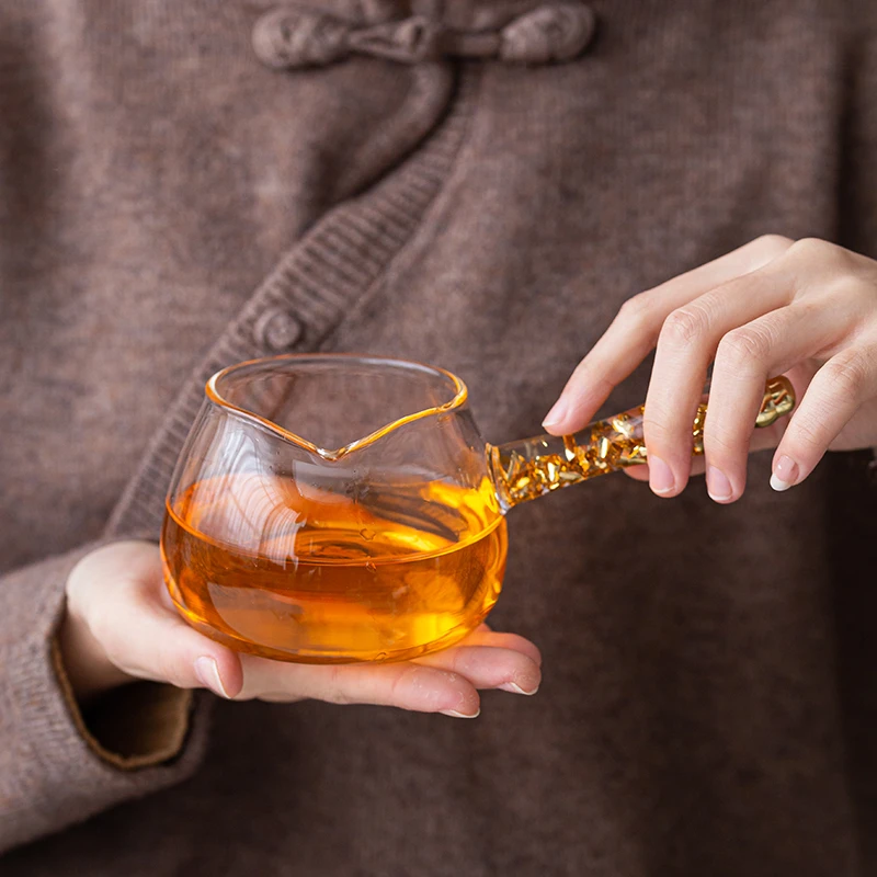 匠迷鎏金玻璃侧把公道杯茶漏套装玻璃公杯分茶器耐热茶海茶具配件