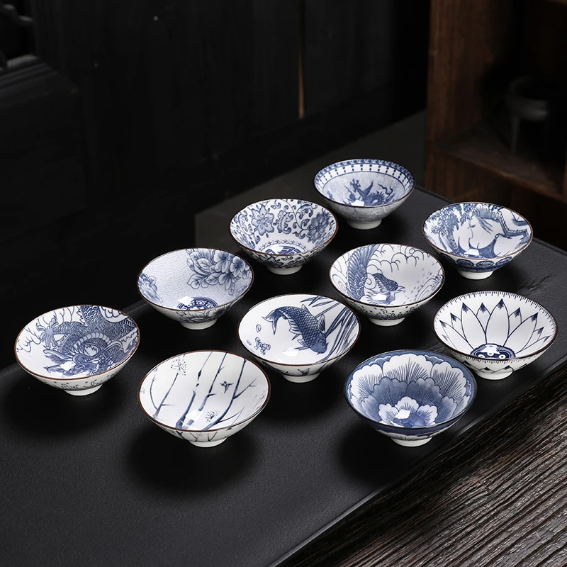 联谊陶瓷茶杯茶具斗笠杯复古青花品茗杯十个装家用喝茶功夫主人杯