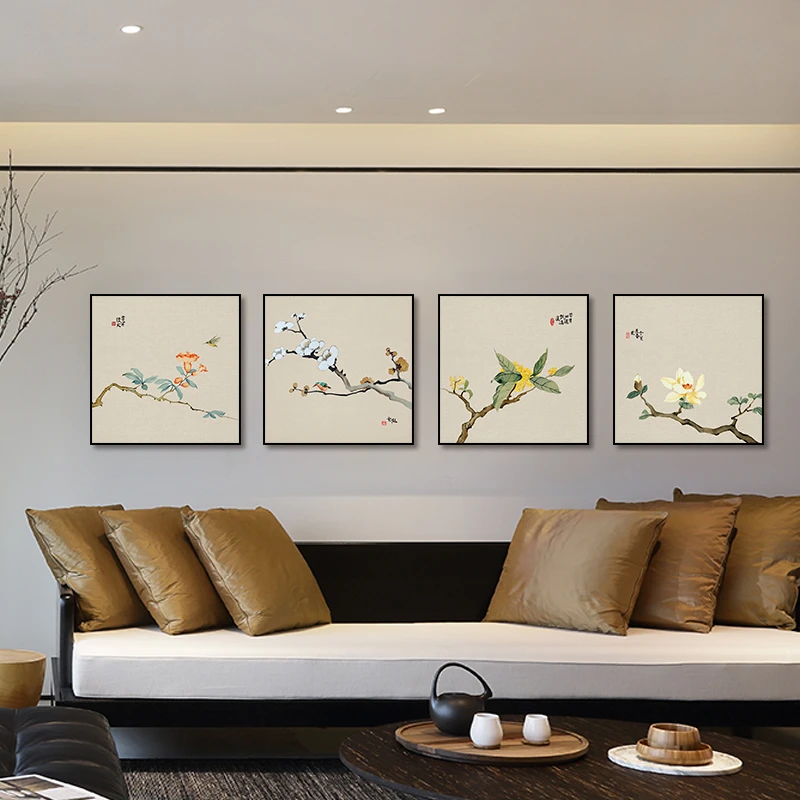 梅兰竹菊新中式挂画客厅沙发背景墙装饰画三联餐厅禅意茶室中国风
