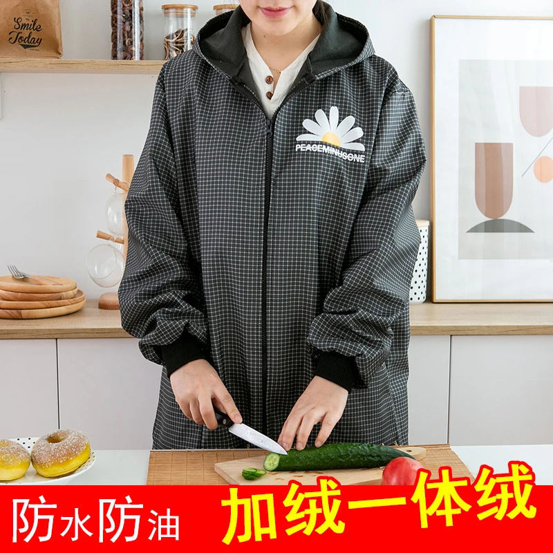加绒套羽绒服大码外套防水防油围裙男女工作服罩衣秋冬新款反穿衣