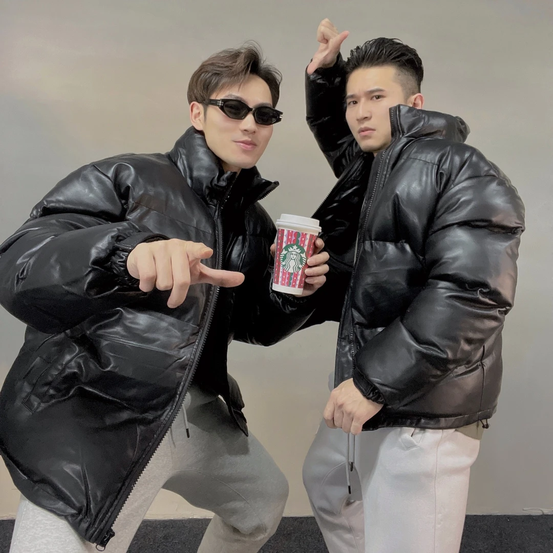 DoubleMe冬季新款男士黑色PU皮棉服外套