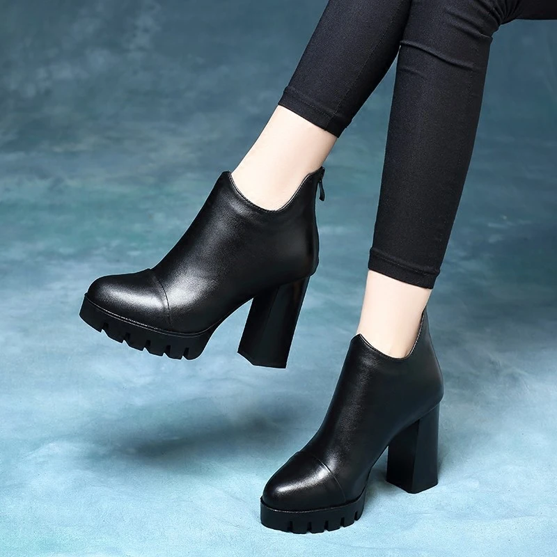 新款秋冬季防水台高跟鞋女春秋单靴粗跟小短靴圆头厚底122真皮