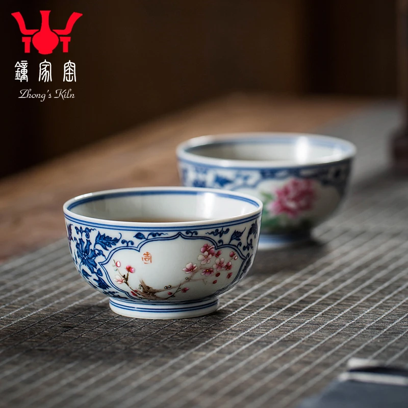 钟家窑茶杯景德镇纯手绘青花斗彩柴窑花卉开窗主人杯个人功夫茶杯