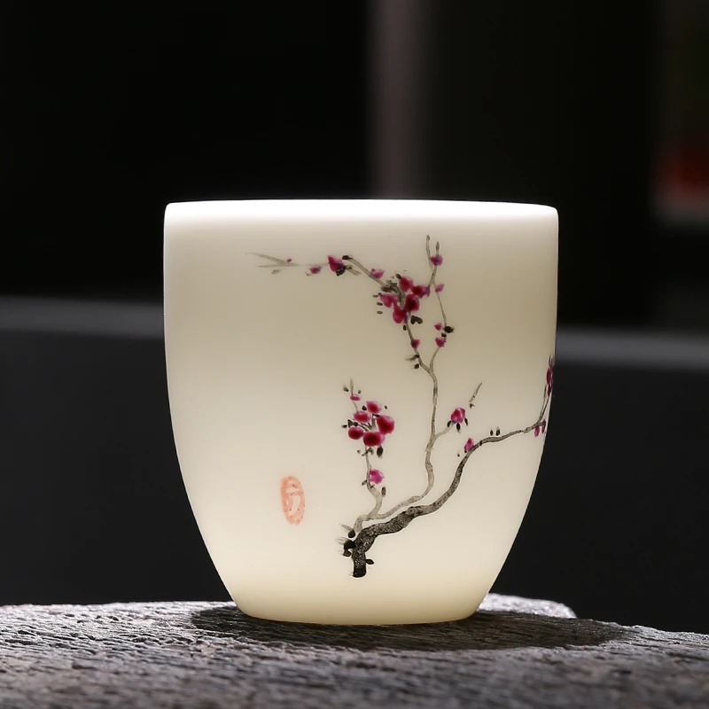 高档白瓷单杯羊脂玉瓷茶杯手工手绘主人杯品茗杯功夫茶具梅兰竹菊