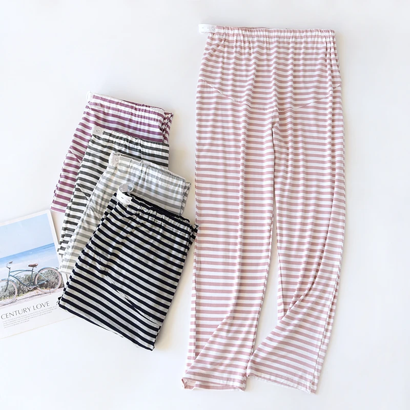 孕妇裤托腹长裤莫代尔怀孕期睡裤腰可调节家居裤春夏秋大码条纹