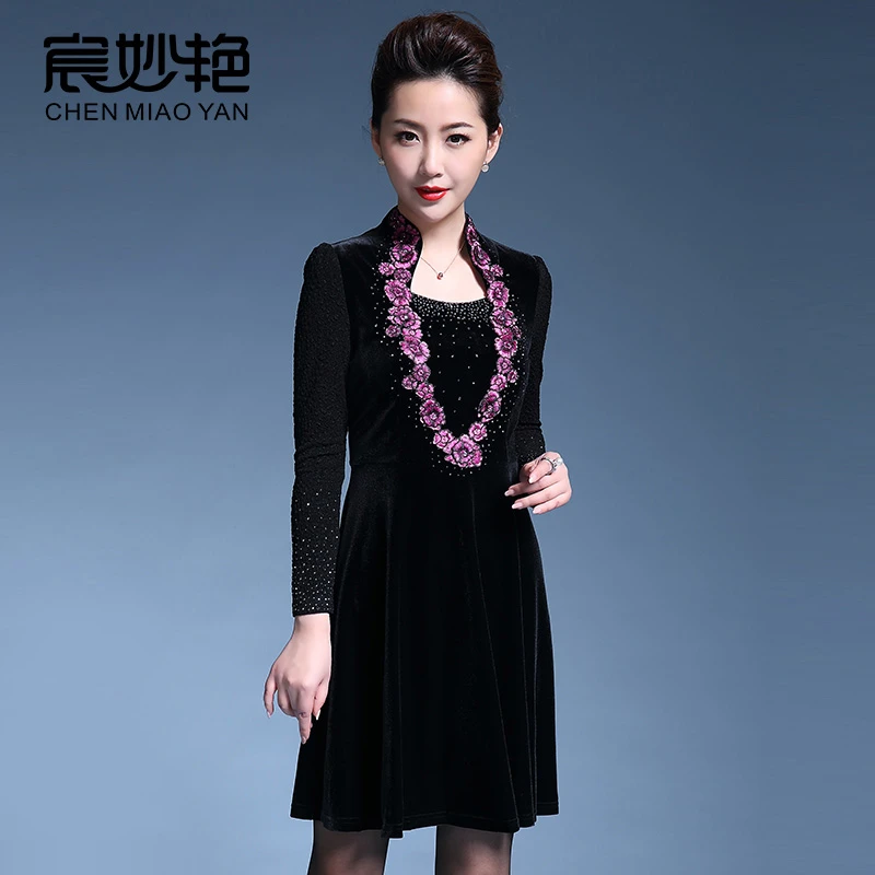 宸妙艳优雅气质阔太太金丝绒连衣裙大码高贵洋气小个子妈妈裙子