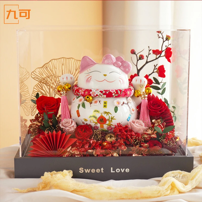 招财猫永生花玫瑰花乔迁开业摆件送女友朋友闺蜜生日礼物情人节