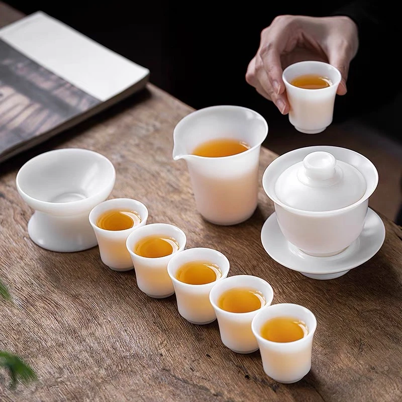 铮兮羊脂玉冰种玉瓷茶具功夫盖碗家用简约轻奢节日送礼品套装高档