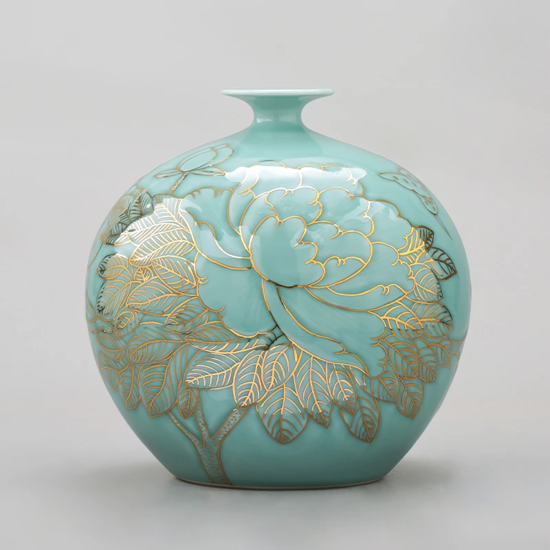 景德镇陶瓷器花瓶大师手绘青釉描金中式轻奢家居客厅装饰摆件饰品
