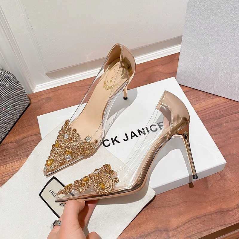 安妮特SureAnnite欧美尖头水钻高跟鞋子女细跟设计感小众透明单鞋